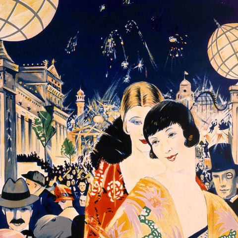 1925 wembley poster featuring a vibrant crowd at a night event, highlighted by a large illuminated sign, fireworks, and stylishly dressed figures in the foreground.