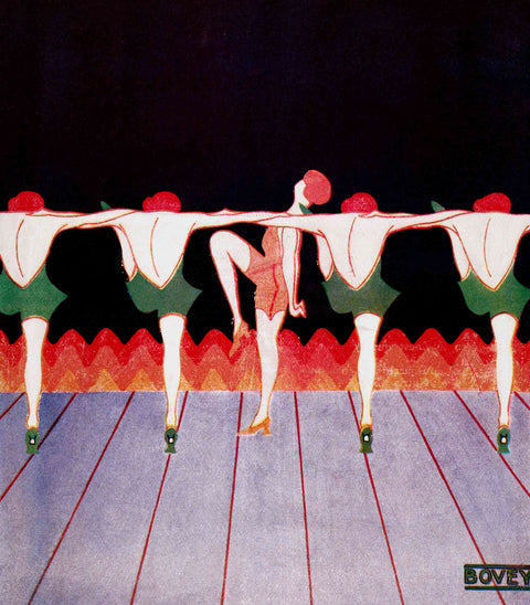 A group of five dancers in green and white costumes performs a synchronized leg kick on stage, with a red and orange wave pattern in the background. The image is signed "Bovey" in the bottom right.