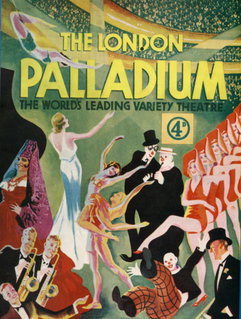 Vintage poster of "the london palladium - the world's leading variety theatre" featuring vibrant illustrations of diverse performers and audience members.
