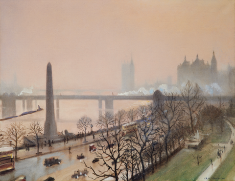 A painting depicts a foggy view of the Thames in London, showing a bridge, an obelisk, trees, and buildings in the background and people walking along the riverside.