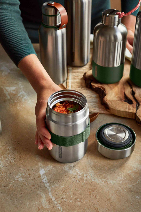Olive stainless steel food flask with spoon, 400ml
