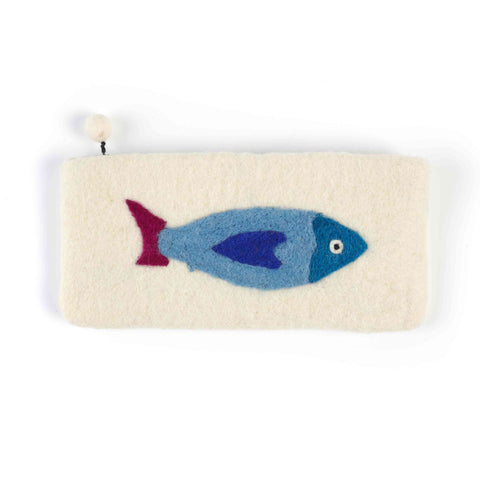 A beige wool felt purse with a blue and red fish design on the front, closed with a zipper.