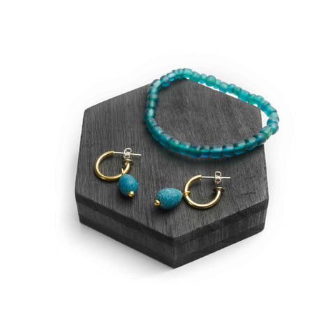 Teal Egyptian inspired beaded hoop earrings