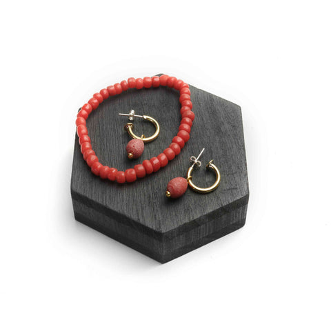 Red Egyptian inspired beaded hoop earrings