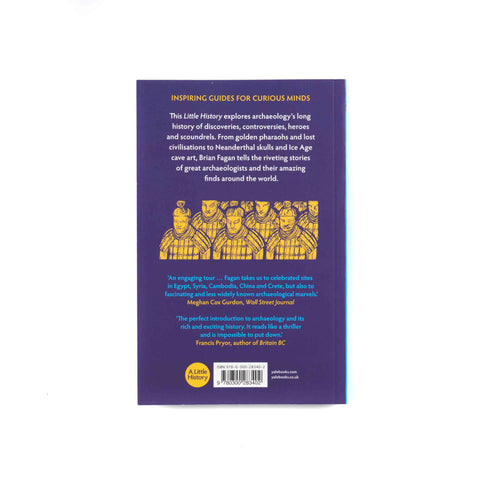 Back cover of the book A Little History of Archaeology with text and illustration of the Terracotta Army on a purple background