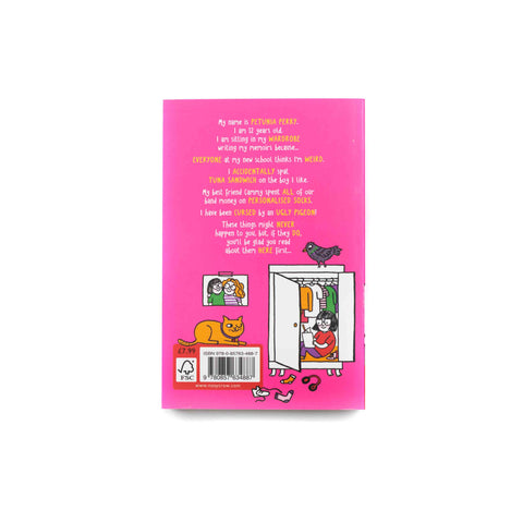 Pink back cover of a book with text and an illustration of a girl writing on a notebook inside an open closet with an orange cat looking from outside and a pigeon looking from the top of the closet