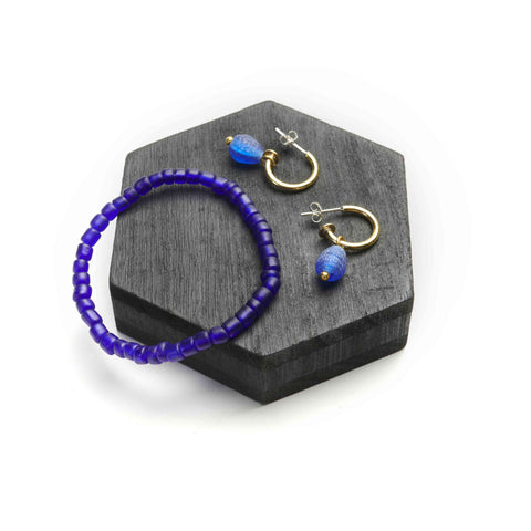 Blue Egyptian inspired beaded hoop earrings
