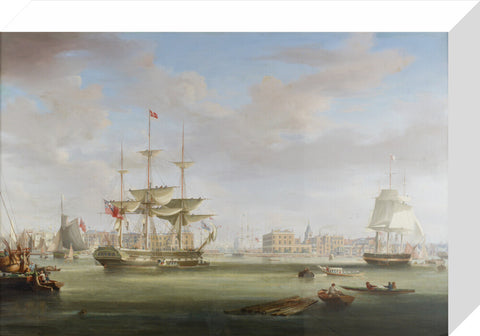 Oil on canvas painting entitled 'Thomas King Entering London Dock 1822-27, by William John Huggins (1781-1845).