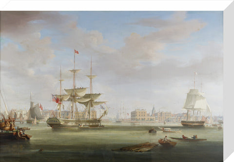 Oil on canvas painting entitled 'Thomas King Entering London Dock 1822-27, by William John Huggins (1781-1845).