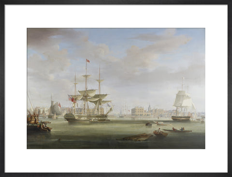 Oil on canvas painting entitled 'Thomas King Entering London Dock 1822-27, by William John Huggins (1781-1845).