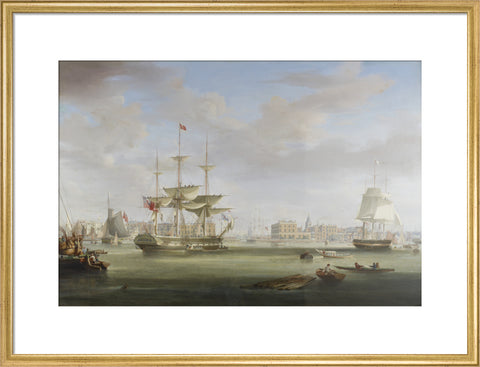 Oil on canvas painting entitled 'Thomas King Entering London Dock 1822-27, by William John Huggins (1781-1845).