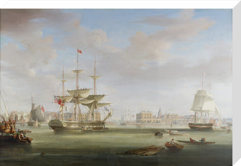 Oil on canvas painting entitled 'Thomas King Entering London Dock 1822-27, by William John Huggins (1781-1845).