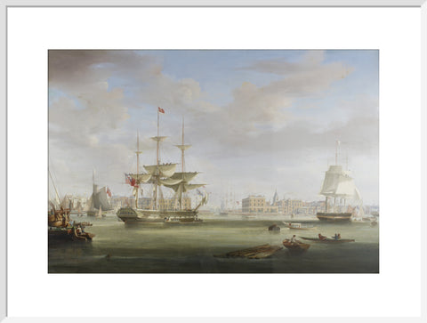Oil on canvas painting entitled 'Thomas King Entering London Dock 1822-27, by William John Huggins (1781-1845).