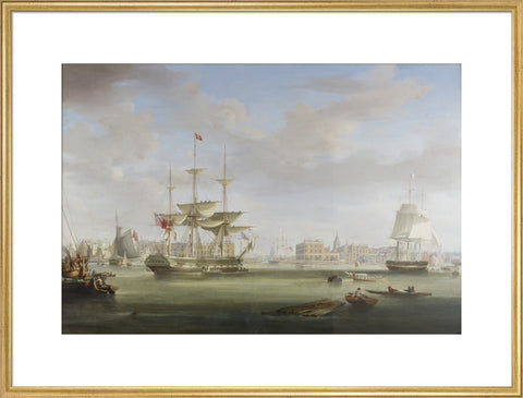 Oil on canvas painting entitled 'Thomas King Entering London Dock 1822-27, by William John Huggins (1781-1845).