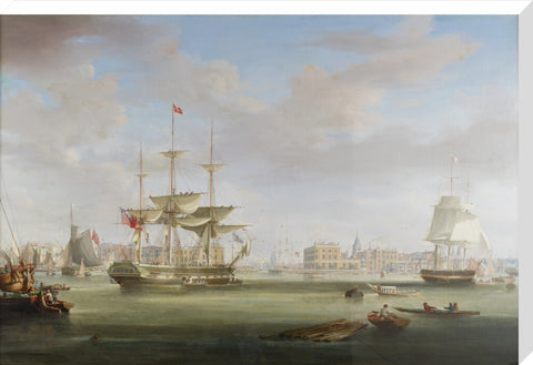 Oil on canvas painting entitled 'Thomas King Entering London Dock 1822-27, by William John Huggins (1781-1845).