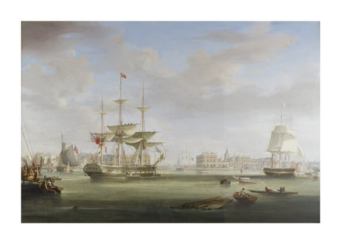 Oil on canvas painting entitled 'Thomas King Entering London Dock 1822-27, by William John Huggins (1781-1845).