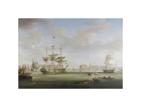 Oil on canvas painting entitled 'Thomas King Entering London Dock 1822-27, by William John Huggins (1781-1845).