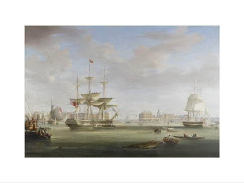 Oil on canvas painting entitled 'Thomas King Entering London Dock 1822-27, by William John Huggins (1781-1845).