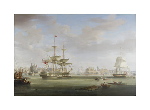 Oil on canvas painting entitled 'Thomas King Entering London Dock 1822-27, by William John Huggins (1781-1845).