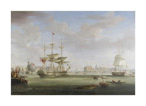 Oil on canvas painting entitled 'Thomas King Entering London Dock 1822-27, by William John Huggins (1781-1845).