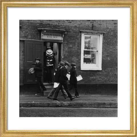 Schoolboys outisde the Harrow School Book Shop
