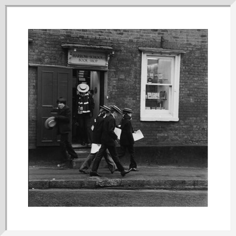 Schoolboys outisde the Harrow School Book Shop