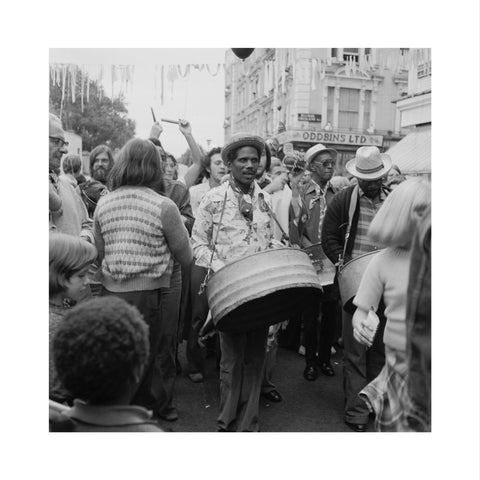A steel drum player in a local festival at Belsize Park 1975