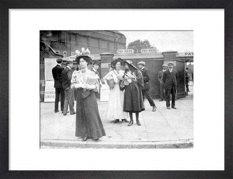 Suffragettes selling Votes for Women at Oval Cricket Ground entrance1908