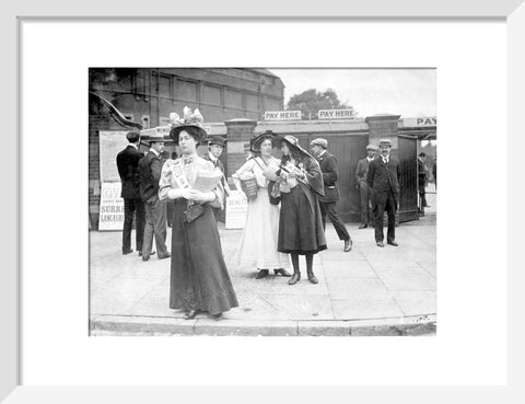 Suffragettes selling Votes for Women at Oval Cricket Ground entrance1908