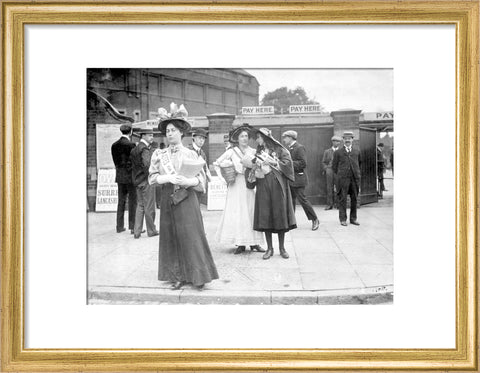 Suffragettes selling Votes for Women at Oval Cricket Ground entrance1908