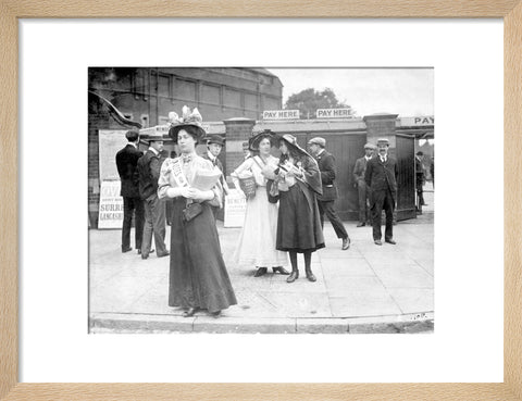 Suffragettes selling Votes for Women at Oval Cricket Ground entrance1908