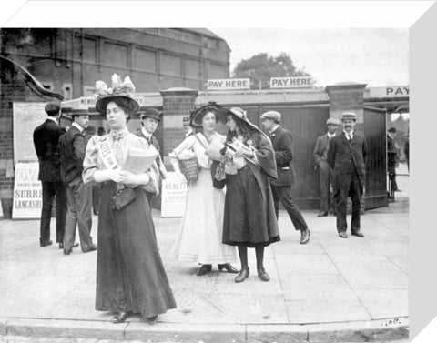 Suffragettes selling Votes for Women at Oval Cricket Ground entrance1908