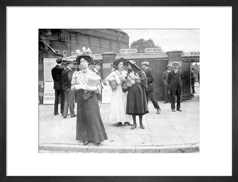 Suffragettes selling Votes for Women at Oval Cricket Ground entrance1908