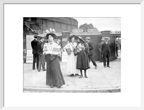 Suffragettes selling Votes for Women at Oval Cricket Ground entrance1908