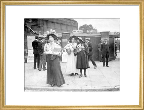 Suffragettes selling Votes for Women at Oval Cricket Ground entrance1908