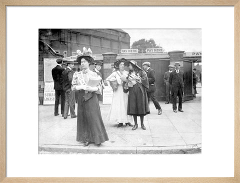 Suffragettes selling Votes for Women at Oval Cricket Ground entrance1908