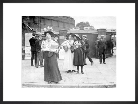 Suffragettes selling Votes for Women at Oval Cricket Ground entrance1908