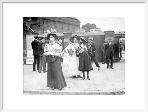 Suffragettes selling Votes for Women at Oval Cricket Ground entrance1908