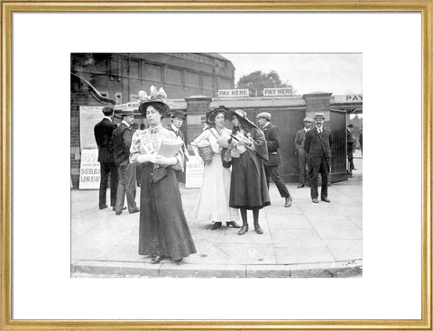 Suffragettes selling Votes for Women at Oval Cricket Ground entrance1908