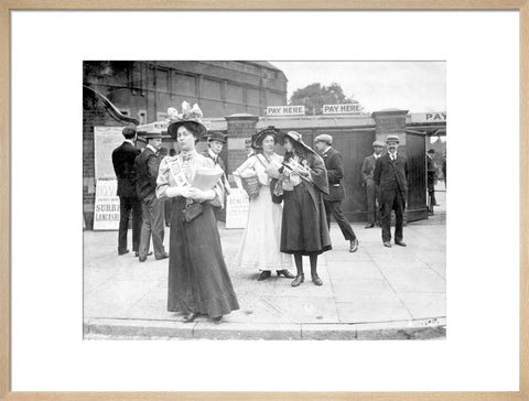 Suffragettes selling Votes for Women at Oval Cricket Ground entrance1908