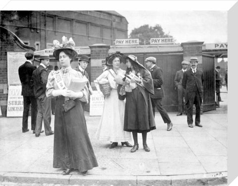 Suffragettes selling Votes for Women at Oval Cricket Ground entrance1908