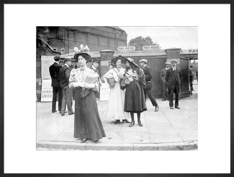 Suffragettes selling Votes for Women at Oval Cricket Ground entrance1908