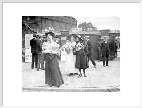 Suffragettes selling Votes for Women at Oval Cricket Ground entrance1908