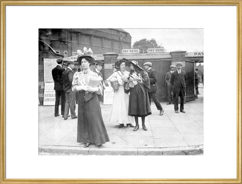 Suffragettes selling Votes for Women at Oval Cricket Ground entrance1908