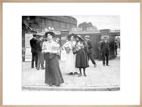 Suffragettes selling Votes for Women at Oval Cricket Ground entrance1908