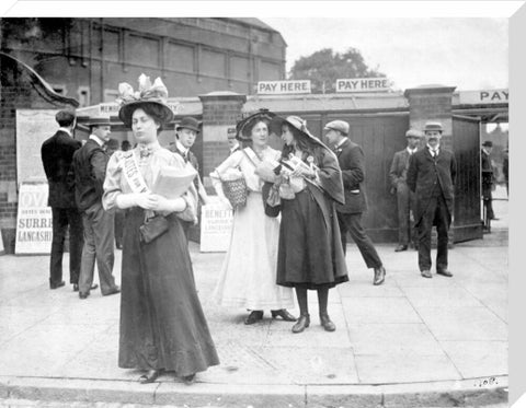 Suffragettes selling Votes for Women at Oval Cricket Ground entrance1908