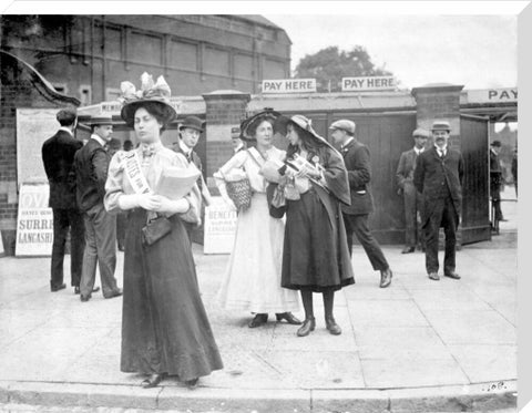Suffragettes selling Votes for Women at Oval Cricket Ground entrance1908