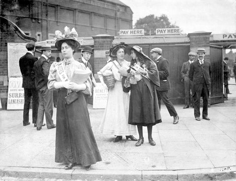 Suffragettes selling Votes for Women at Oval Cricket Ground entrance1908