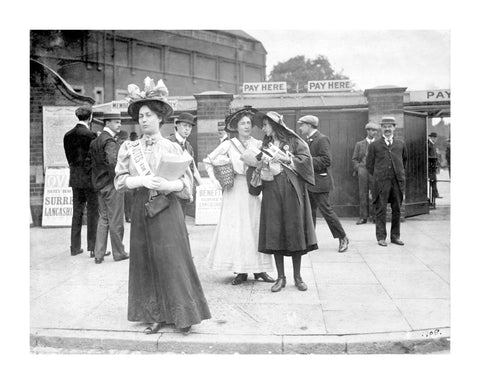 Suffragettes selling Votes for Women at Oval Cricket Ground entrance1908