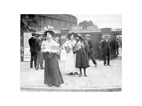 Suffragettes selling Votes for Women at Oval Cricket Ground entrance1908